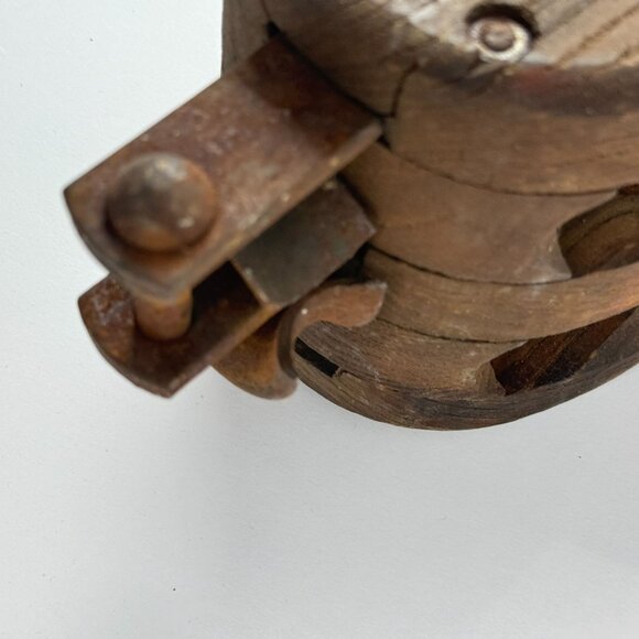 Antique Wooden Double Pulley Block w/ Metal Hook Rustic Farmhouse Barn Decor - Picture 6 of 14